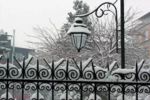 Portail en fer recouvert de neige en hiver